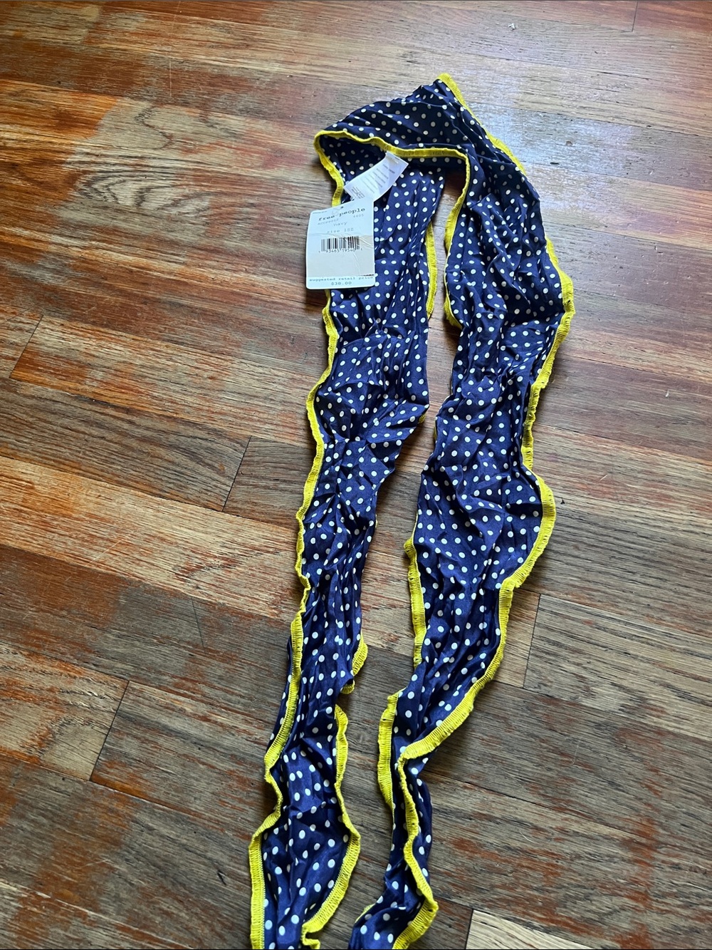 Free People Navy Polka Dot Scarf with Yellow Trim